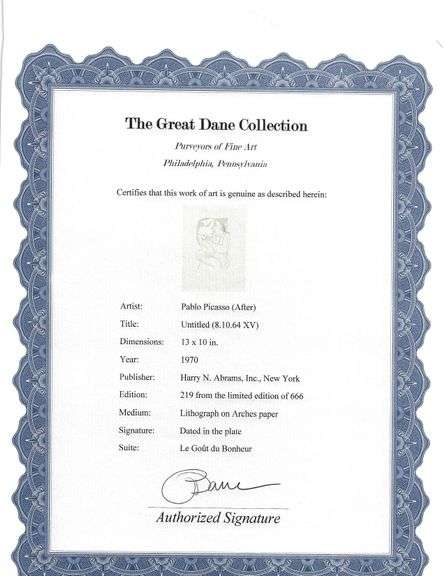 Exclusive Limited Edition Pablo Picasso Lithograph "Le Gout du Bonheur", 1970