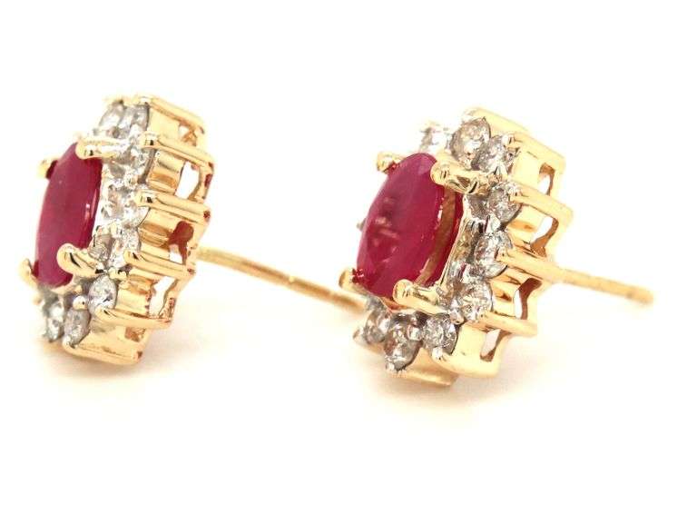 14kt Yellow gold oval ruby with RBC diamond halo earrings