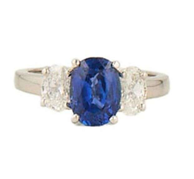 1.85ct Oval Sapphire and 0.60ctw Oval Diamond Three Stone Ring in 18K and Platinum