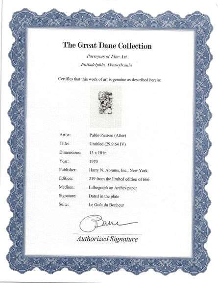 Exclusive Limited Edition Pablo Picasso Lithograph "Le Gout du Bonheur", 1970