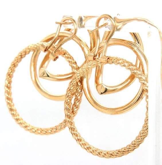 14kt Yellow gold triple circle door knocker hoop earrings