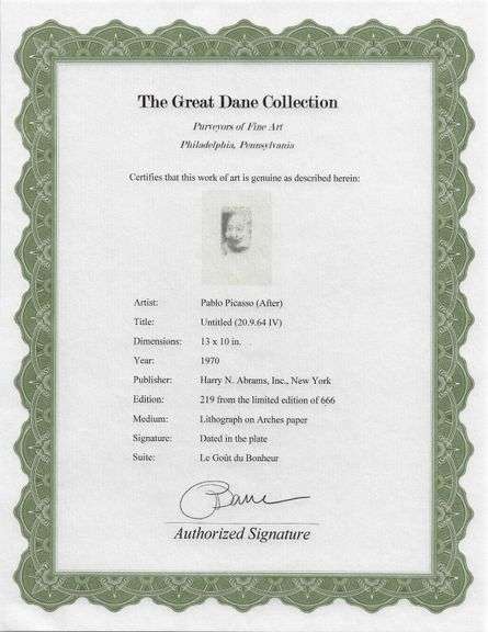 Exclusive Limited Edition Pablo Picasso Lithograph "Le Gout du Bonheur", 1970