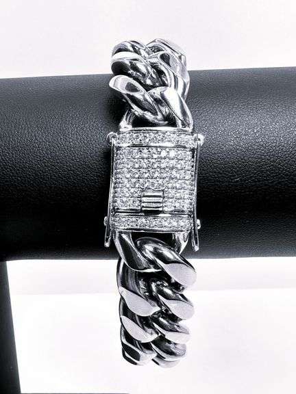 Huge 80.5 Gram 14 Kt White Gold Plate Cuban Curb Link Bracelet