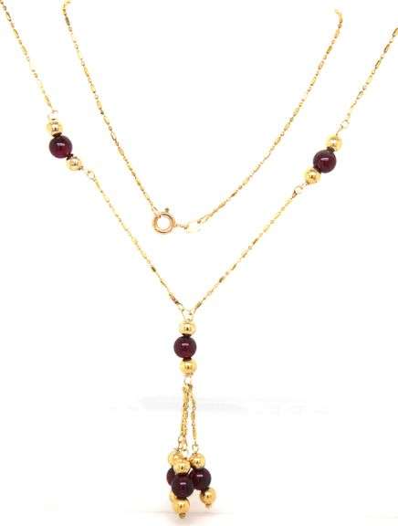 14kt Yellow gold garnet and gold beads lariat necklace