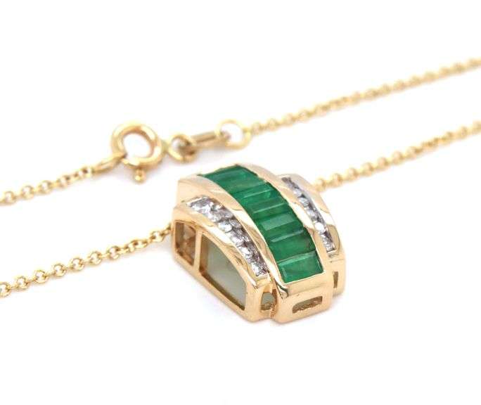 14kt Yellow gold channel set emerald and diamond slider pendant on chain