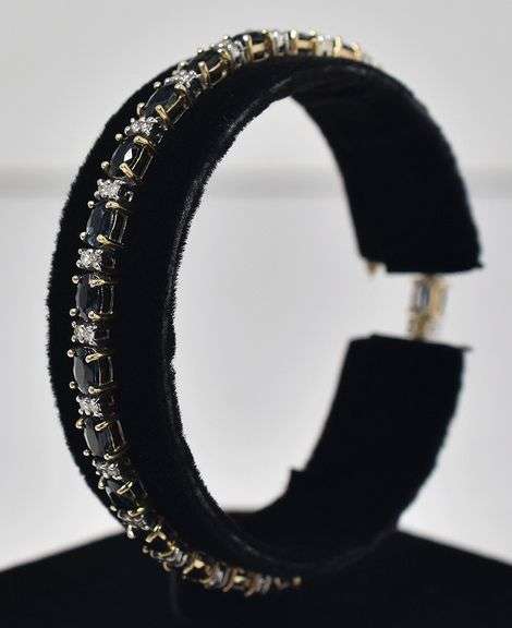Fancy 14K Yellow Gold Blue Sapphire Gemstone and Diamond Tennis Bracelet
