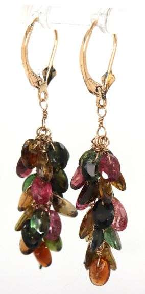 14kt Yellow gold multi color Tourmaline dangle earrings