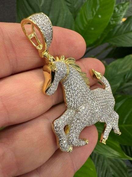 Two-Tone Gold & Silver Plated 925 Sterling Silver Iced Out Horse