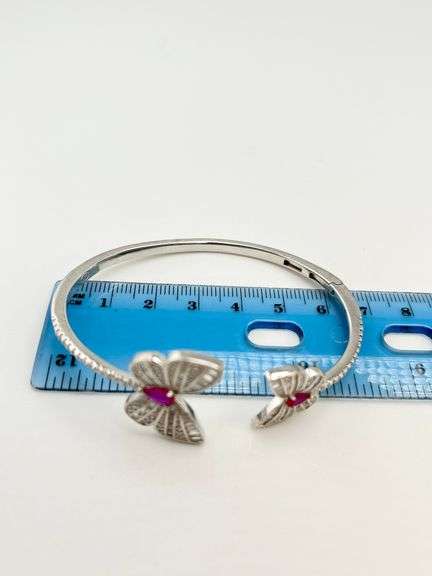 925 Sterling Silver Stunning Twin Butterfly Cuff With Baguette And Round Rhinestone Cuff Bracelet
