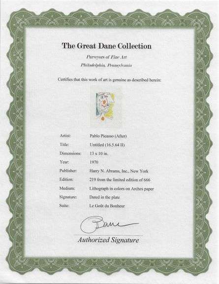 Exclusive Limited Edition Pablo Picasso Lithograph "Le Gout du Bonheur", 1970