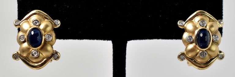 Interesting 14K Yellow Gold Blue Sapphire Gemstone Dangle Earrings with Diamond Accents