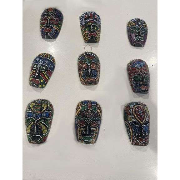 10 Hand-Carved Dot-Painted Tribal Wall Masks