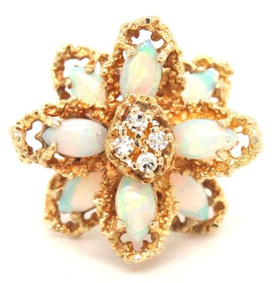 14kt Yellow gold marquise opal and diamond cluster flower ring