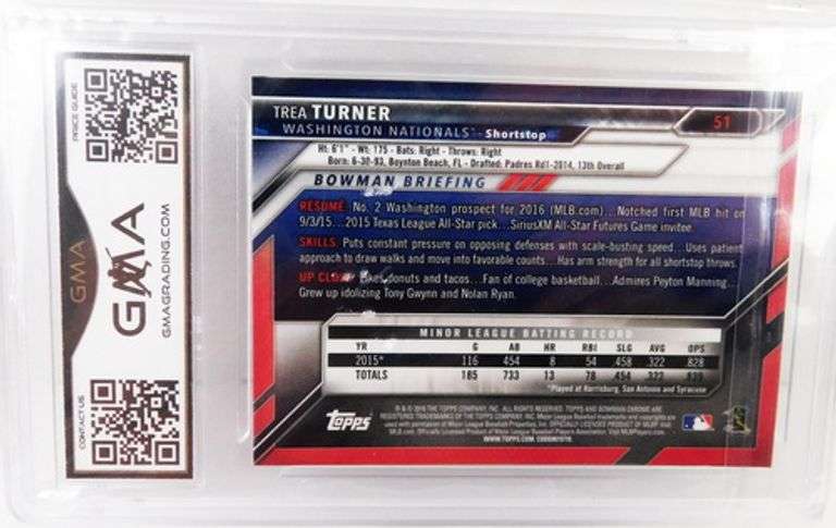 Trea Turner 2016 Rookie Baseball Card, 10 Gem MT