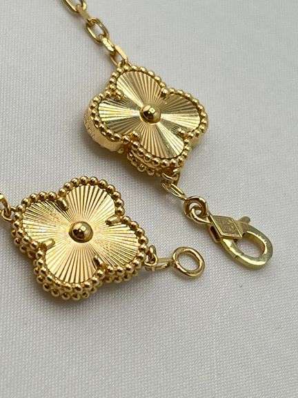 18KT Yellow Gold Handcrafted Guilloche Gold Five Clover with Link Chain Bracelet