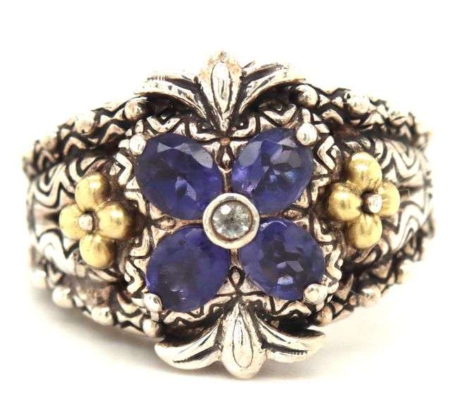 Barbara Bixby gold and sterling silver white topaz and lolite flower ring