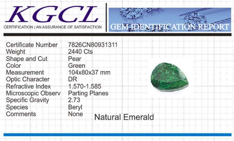 Huge Certified 2440 Ct Museum Size Natural Emerald Pear Cut Solitaire