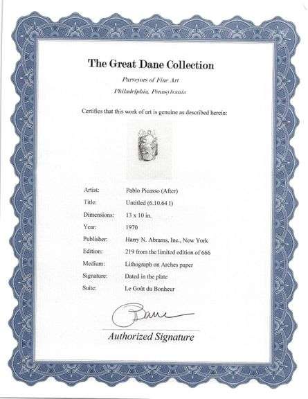 Exclusive Limited Edition Pablo Picasso Lithograph "Le Gout du Bonheur", 1970