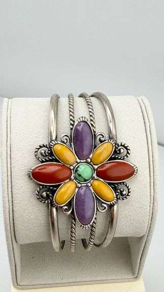 925 Sterling Silver Carolyn Pollack Multi-Gemstone Cuff Bracelet