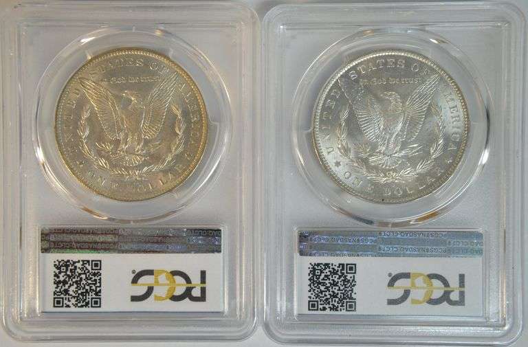 Nearly Gem BU 1883-O & 1885-O Morgan Silver Dollars. PCGS MS64