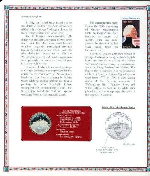 1982 George Washington Proof Silver Half Dollar & Stamp in Display