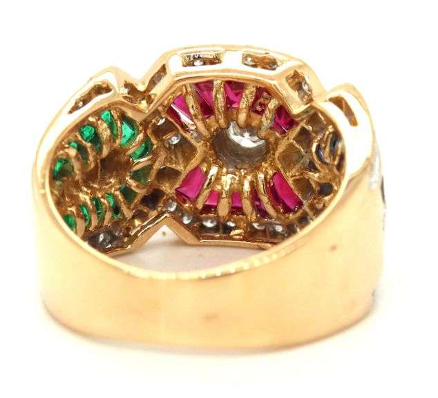 18kt Yellow gold Levian retro ruby, sapphire, emerald and diamond mosaic set ring