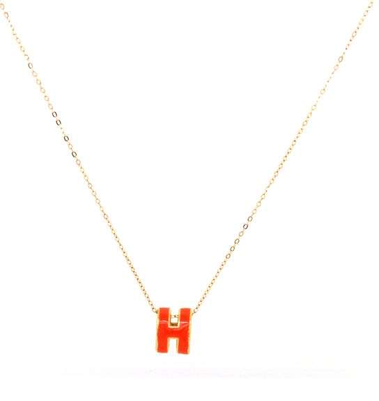 24kt Yellow gold Initial orange enamel H pendant on chain