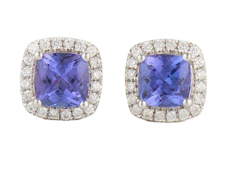 New 1.09ctw Cushion Tanzanite and 0.32ctw Diamond Frame Stud Earrings in 14K