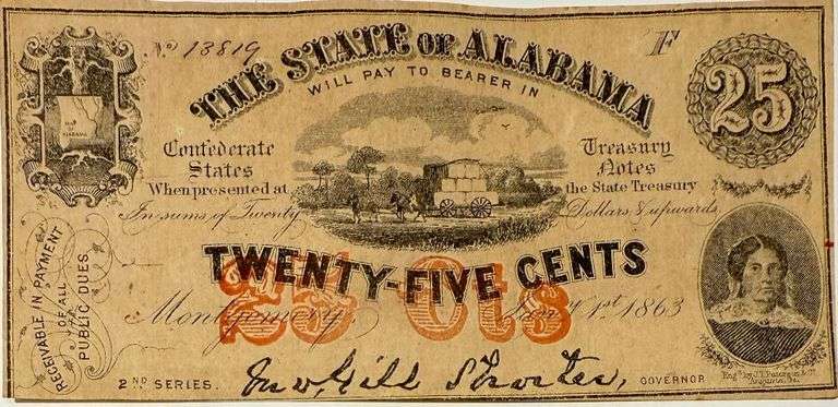 Twenty Five Cent Uncirculated Jan 1 1863 Series Alabama CSA Note.
