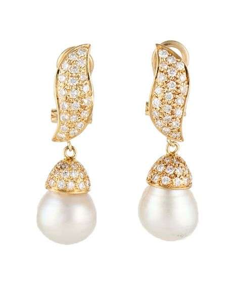 1.00ctw Pave Diamond and Cultured Pearl Drop Earrings in 18K