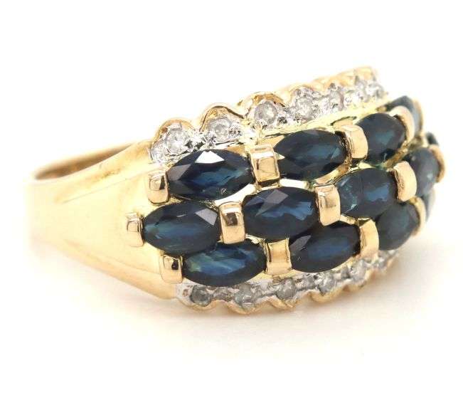 14kt Yellow gold 3 row marquise sapphire and diamond ring