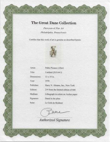 Exclusive Limited Edition Pablo Picasso Lithograph "Le Gout du Bonheur", 1970