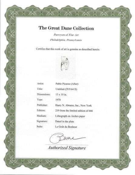 Exclusive Limited Edition Pablo Picasso Lithograph "Le Gout du Bonheur", 1970