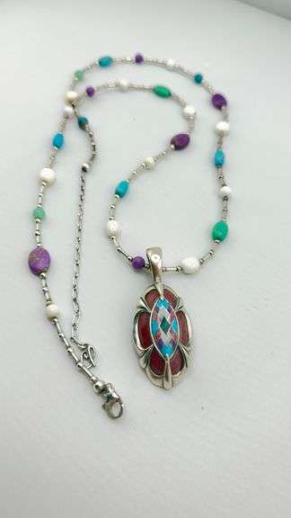 925 Vintage Sterling Silver Carolyn Pollack Inlay of turquoise inlay Carnelian, Amethyst Turquoise P
