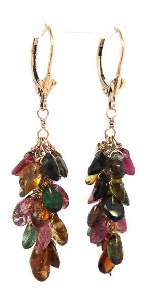14kt Yellow gold multi color Tourmaline dangle earrings