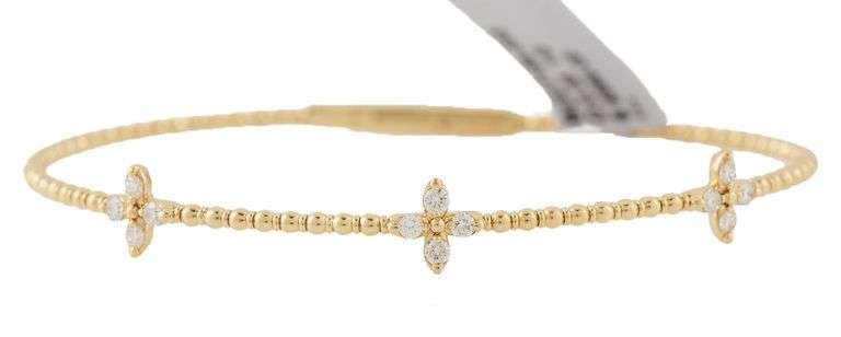 New 0.35ctw Diamond Floral Station Beaded Flex Bangle Bracelet in 14K
