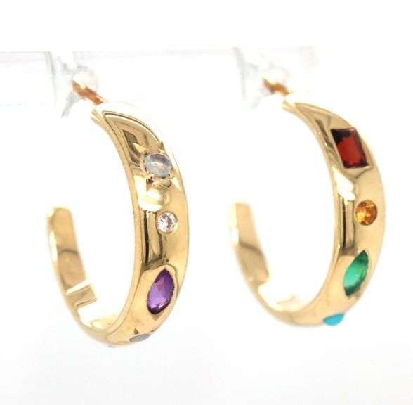 14kt Yellow gold multi gemstone hoop earrings