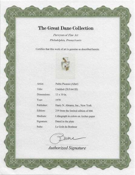 Exclusive Limited Edition Pablo Picasso Lithograph "Le Gout du Bonheur", 1970