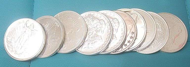 TEN ASSORTED .999 PROOF LIKE SILVER ROUNDS.