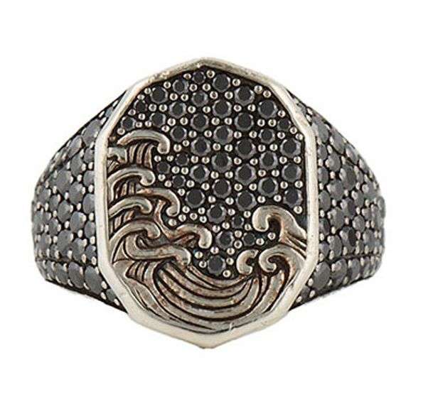 David Yurman Gents 1.90ctw Pave Black Diamond Waves Signet Ring in Sterling