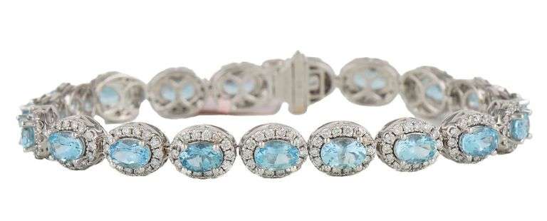 New 8.15ctw Oval Aquamarine and 2.85ctw Diamond Frame Tennis Bracelet in 14K