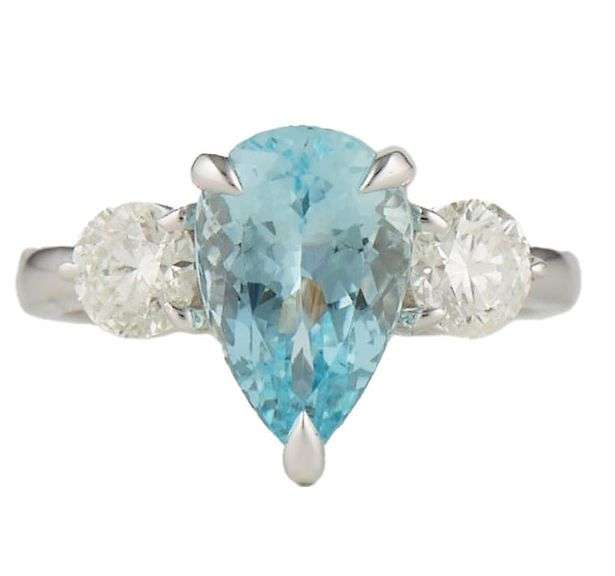 New 2.50ct Pear Aquamarine and 0.96ctw Round Diamond Three Stone Ring in 14K