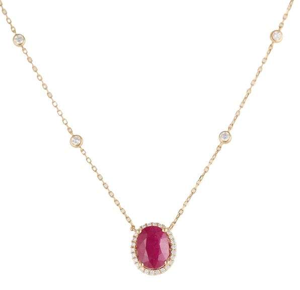 New 3.34ct Oval Ruby and 0.58ctw Diamond Frame Pendant Necklace in 14K