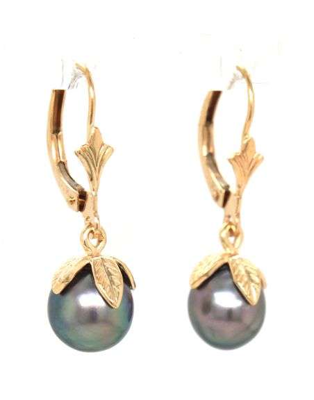 14kt Yellow gold 7.5mm Tahitian pearl dangle earrings