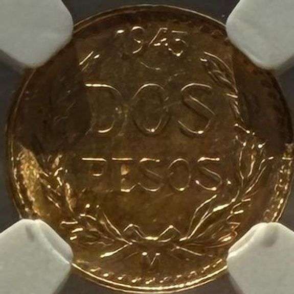 Gem Uncirculated Resrike NGC 1945 Mexico Gold 2 Pesos