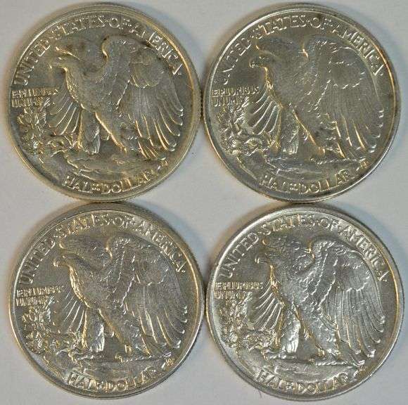 4 Lustrous slider/BU Walking Liberty Half Dollars. All different