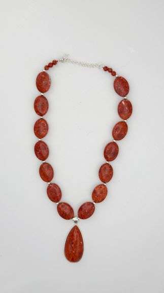 925 Sterling Silver LUC Sign Lucas Lameth Red Coral Pendant and Disk Shape Bead Necklace