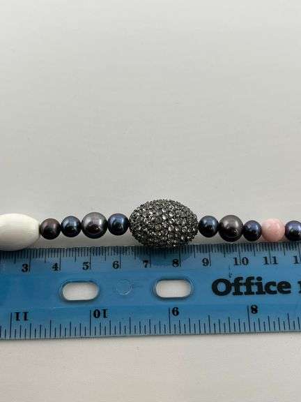 925 Sterling Silver Ross Simons Iridescent Gray And pinK Pearl With Rhinestone Accent Necklace