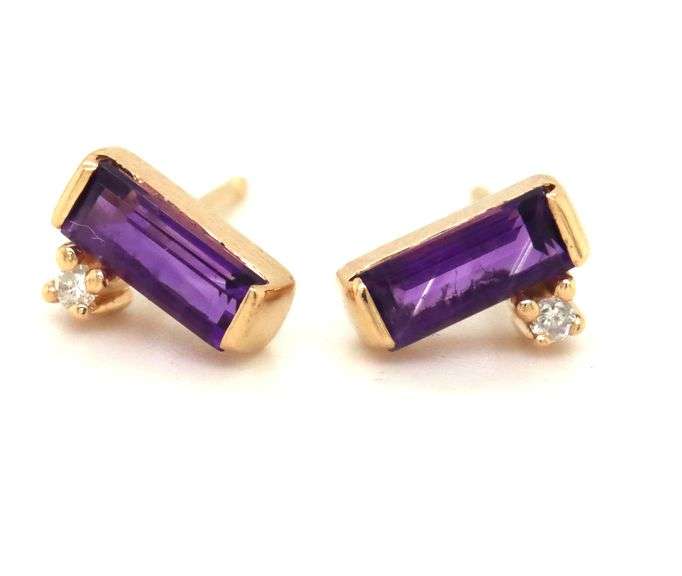 14KT Yellow gold baguette amethyst and diamond accent stud earrings