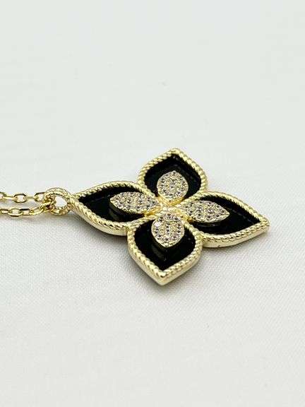 925 Sterling Silver Gold Tone Flower Princess Black Onyx With Crystal Accent Pendant